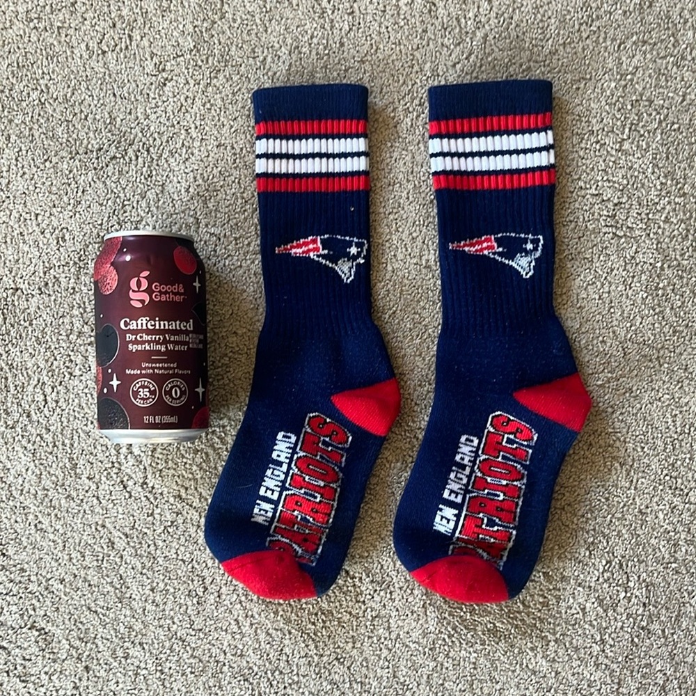 NFL Patriot Blue and Red Casual Socks (relative to the soda can)